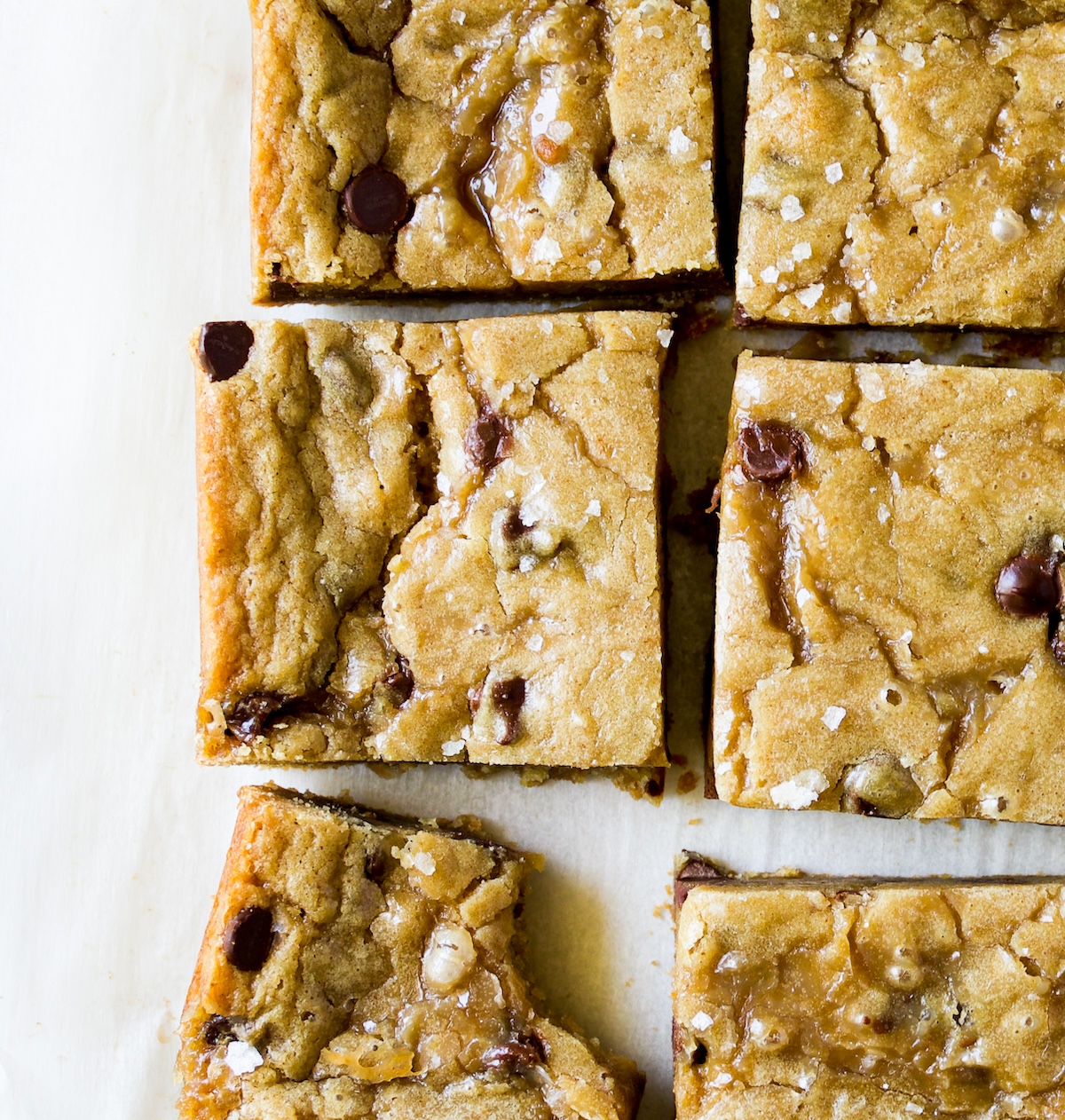 Caramel Blondies with chocolate chips, sea salt flakes and caramel baked into the blondies.