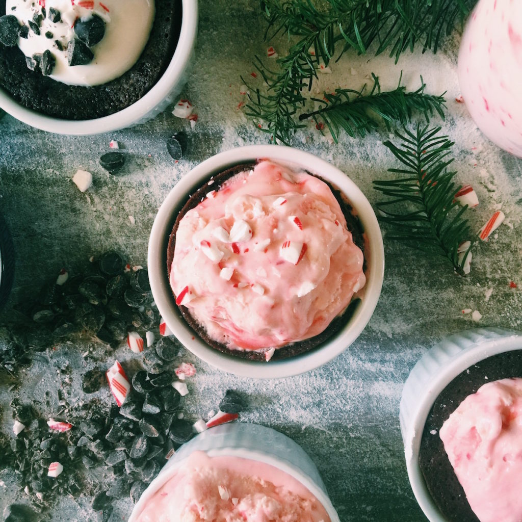 candy cane ice cream + chocolate pudding cakes | Recipe via DisplacedHousewife