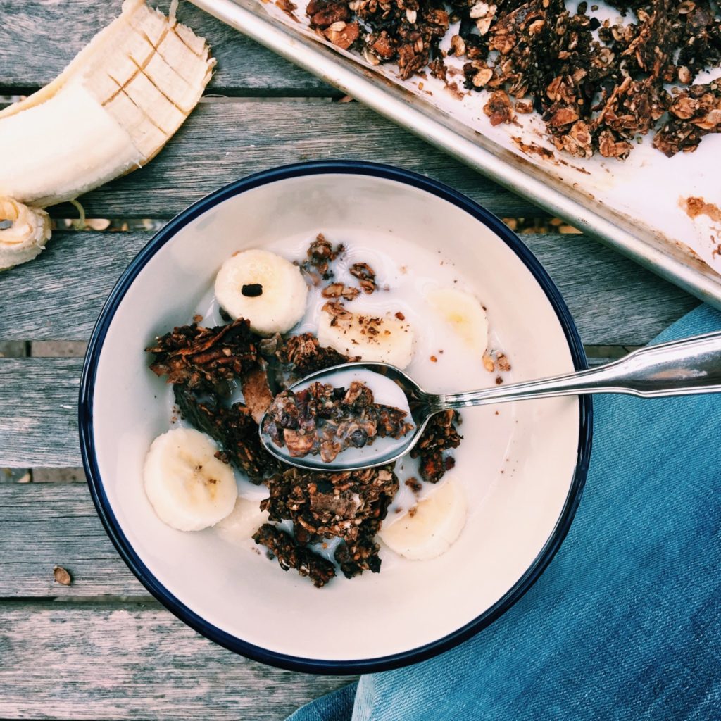 double chocolate + banana granola | Recipe via DisplacedHousewife