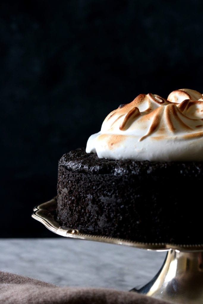 Chocolate Rye Stout Cake With Marshmallow Meringue Recipe | Displaced Housewife