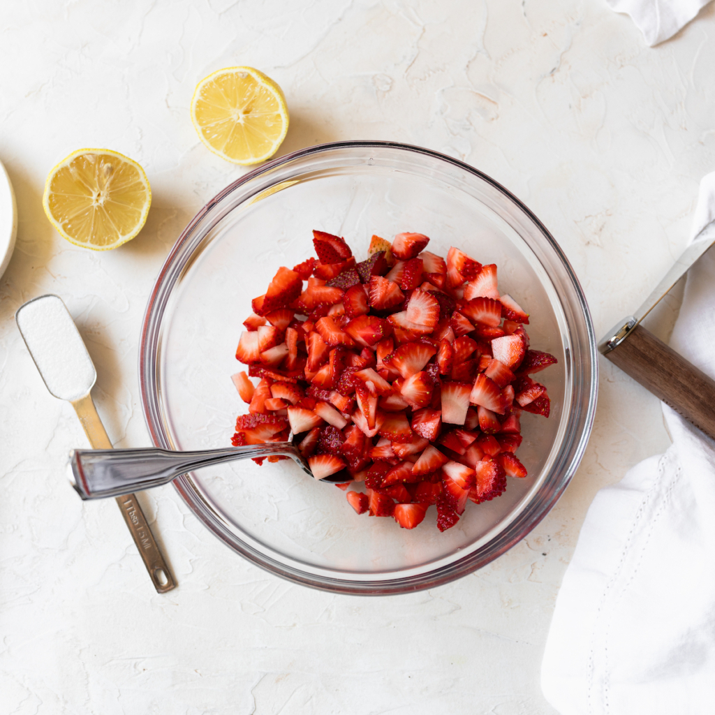 Ingredients to make strawberry glaze.