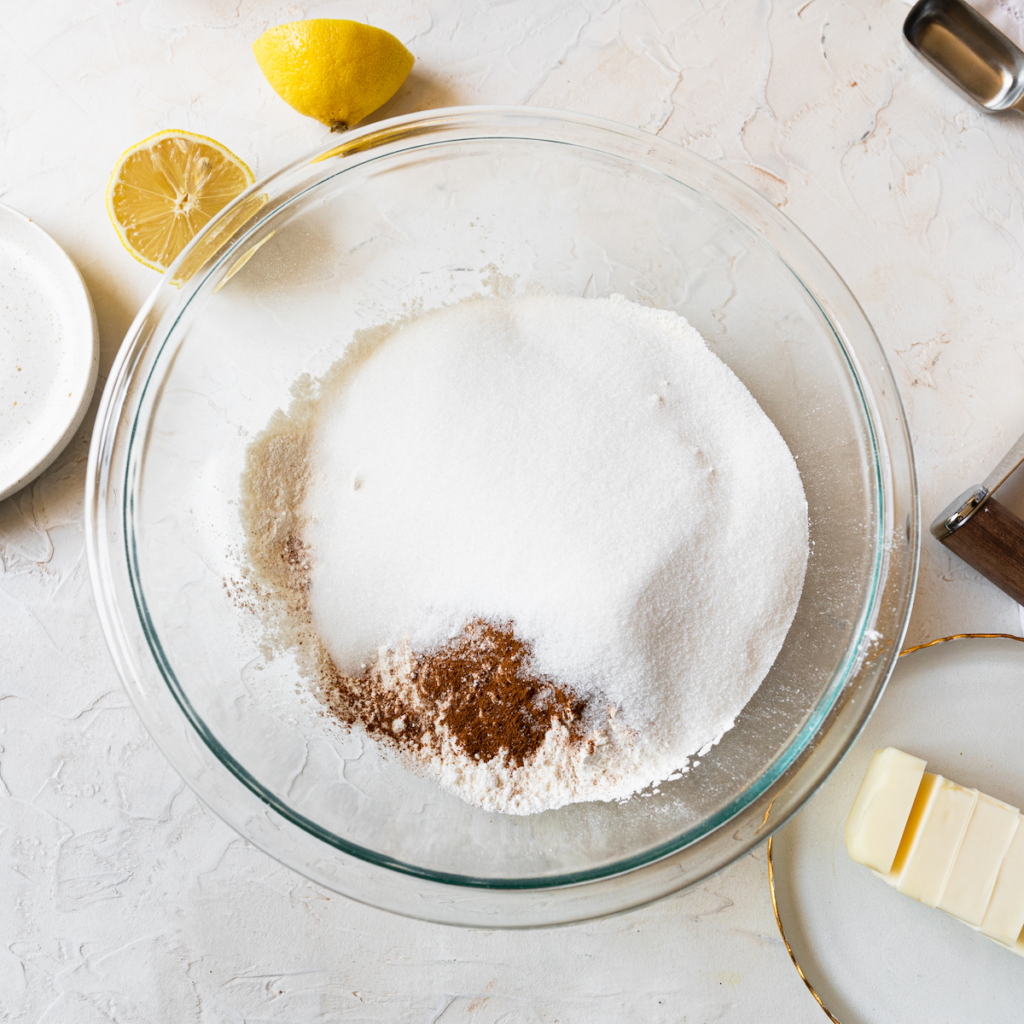 Baking ingredients in a glass bowl.