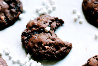 A close up of a chocolate marshmallow cookie