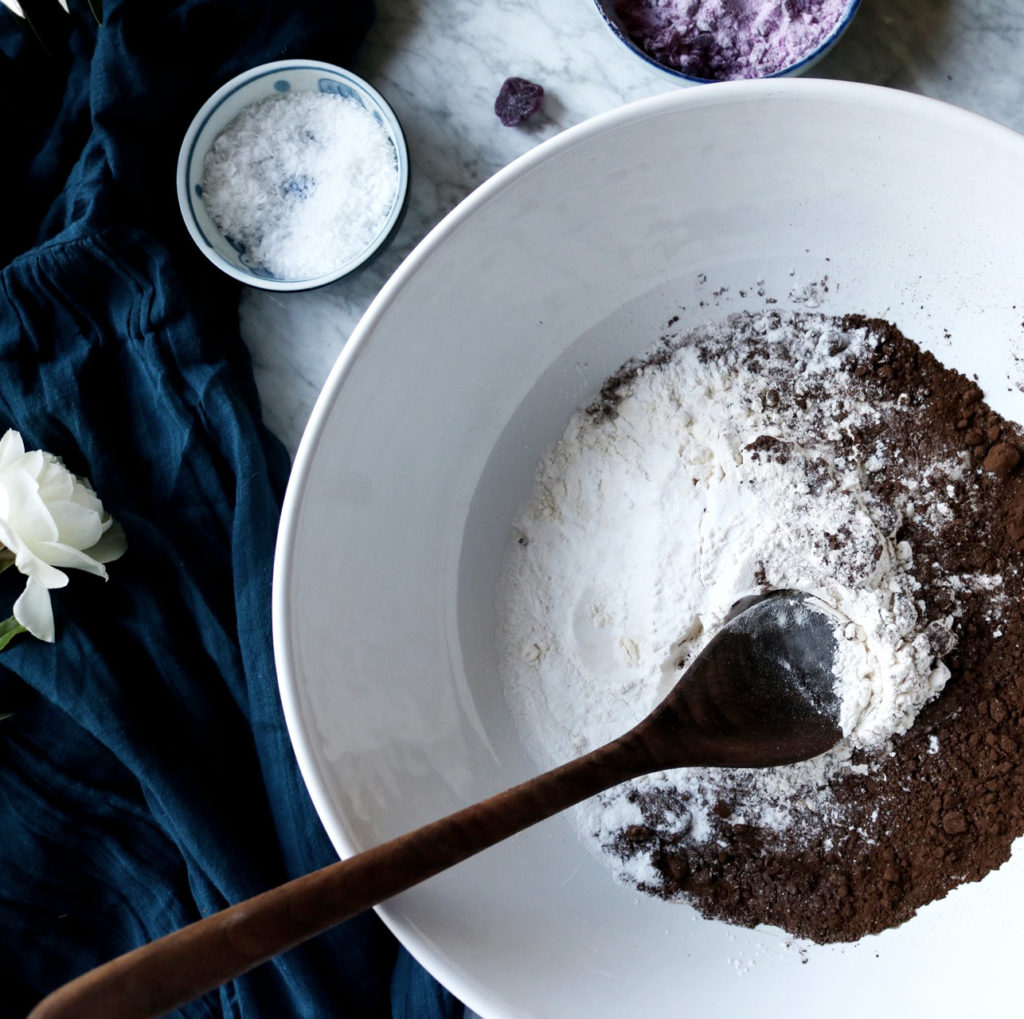 Dark Chocolate Violet Cookies | Recipe via DisplacedHousewife | A super dark chocolate dough is studded with ribbons of dark chocolate and crushed french violet hard candies. 