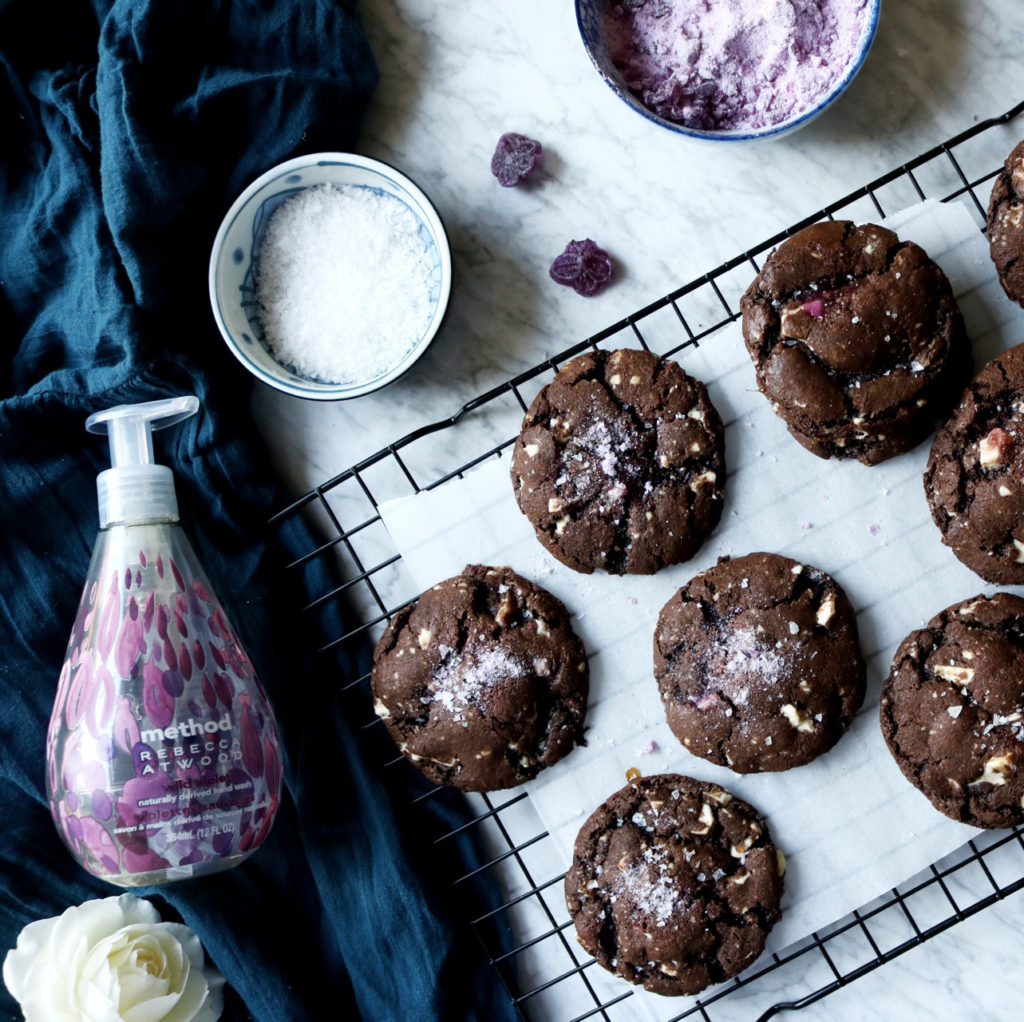 Dark Chocolate Violet Cookies | Recipe via DisplacedHousewife | A super dark chocolate dough is studded with ribbons of dark chocolate and crushed french violet hard candies. 
