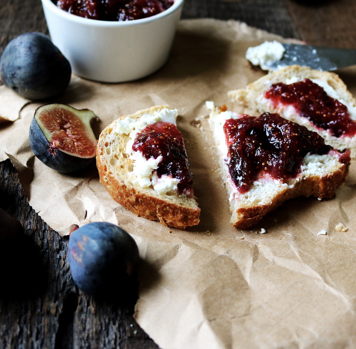 A close up of fig jam toast.