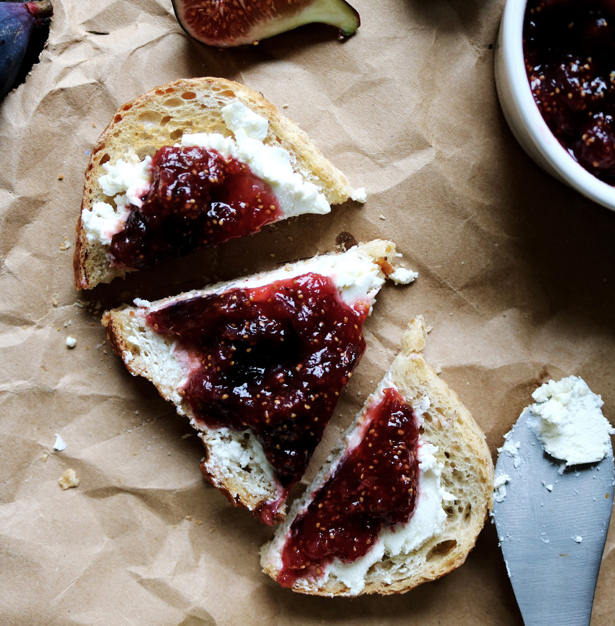 An overhead shot of fig jam toast.
