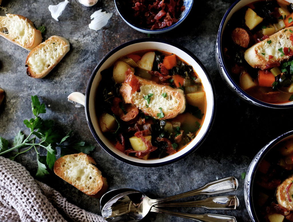 Portuguese Soup With Crispy Prosciutto + Manchego Toast | Recipe via DisplacedHousewife