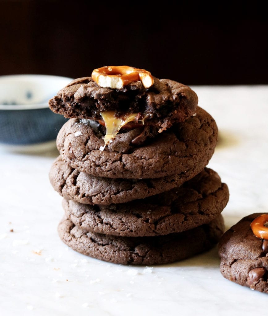 Chocolate Caramel Pretzel Cookies Recipe | Displaced Housewife
