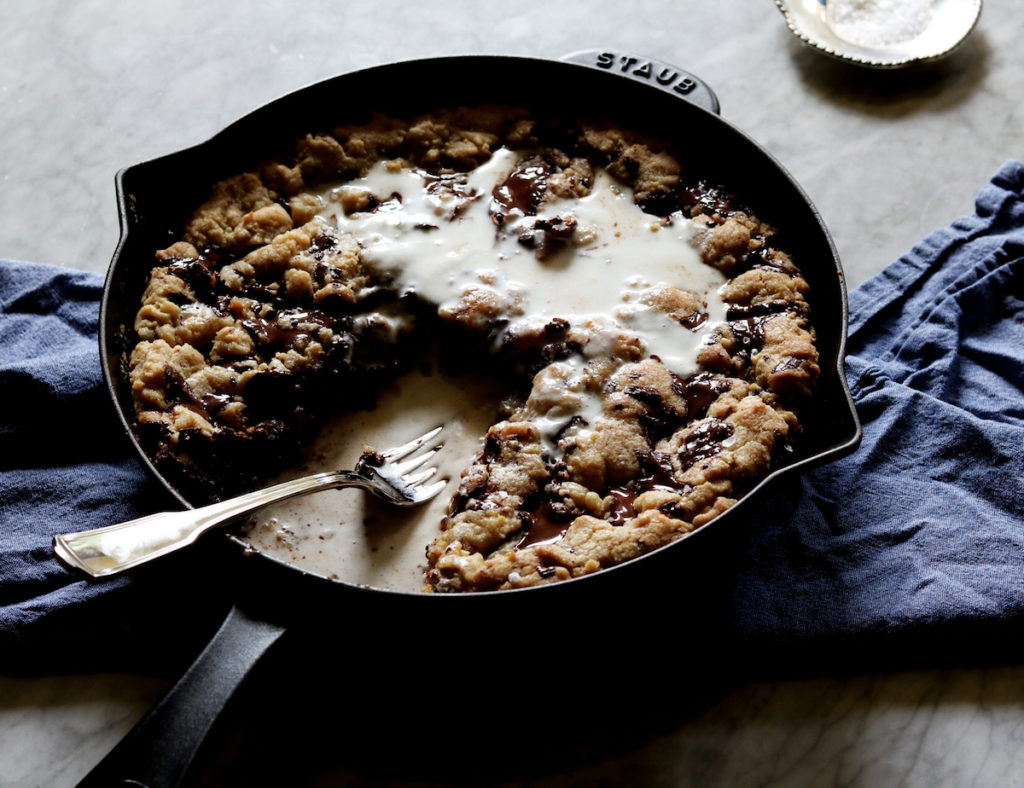Brown Butter Chocolate-Caramel Skillet Cookie Recipe | Displaced Housewife