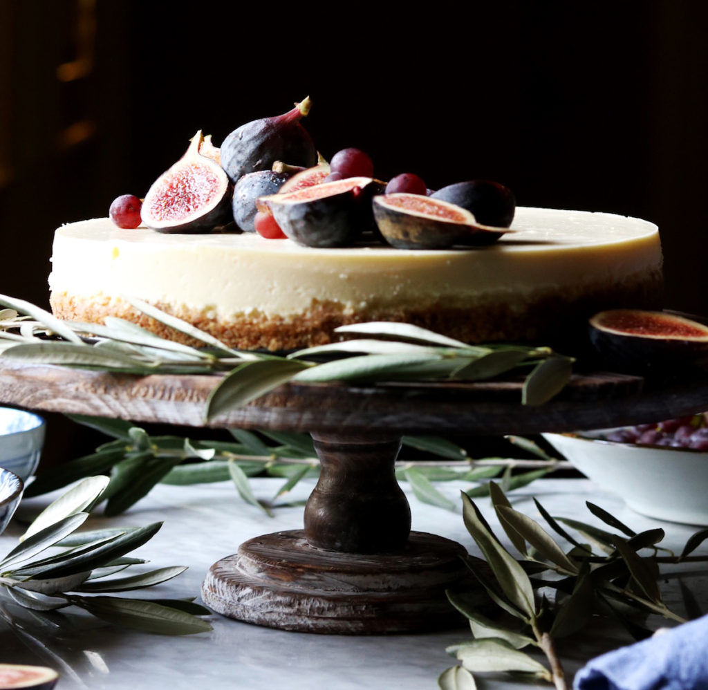 Crème Frâiche Cheesecake With Pretzel Crust + Brûléed Figs and Grapes | DisplacedHousewife