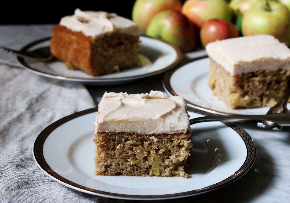 A close up of a slice of spiced apple cake.