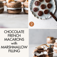 Three photos of Chocolate French Macarons with Marshmallow Filling and Mexican Hot Chocolate Glaze