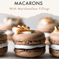 A close-up photo of chocolate French macarons with marshmallow filling