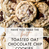 A bunch of toasted oat chocolate chip cookies with a heap of chocolate!