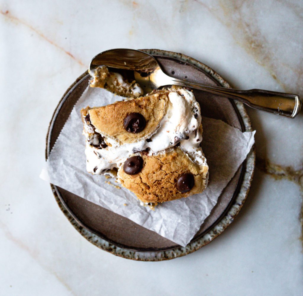 s'mores cookie bar with a bite out of it