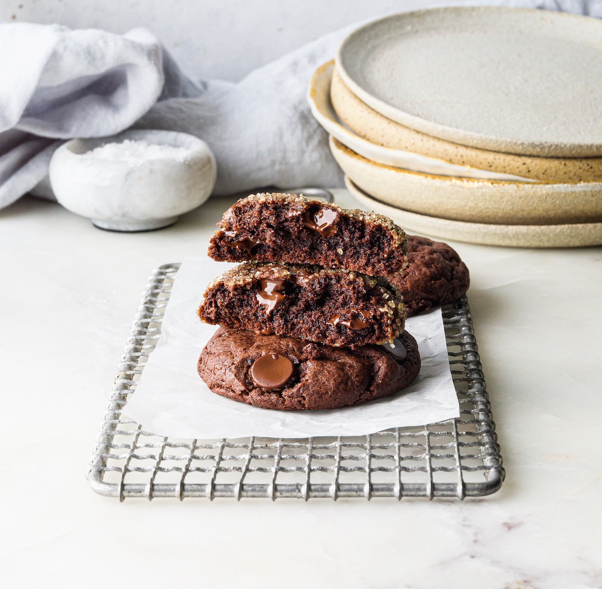 brownie cookies stacks on a vintage french cooling rack