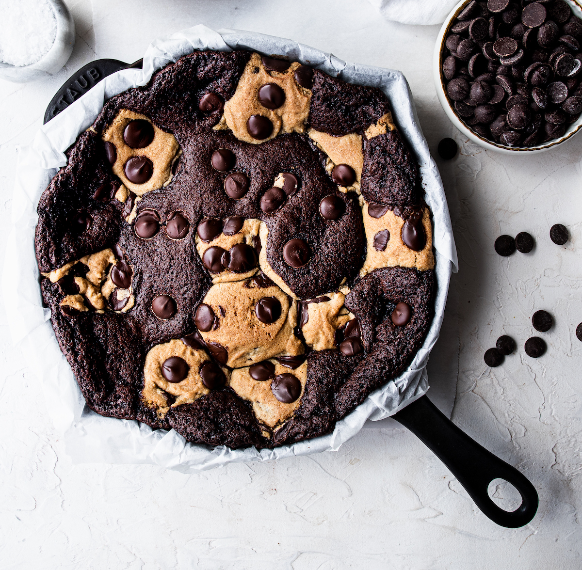 A cast iron skillet filled with delicious ultimate skillet Brookie cookies