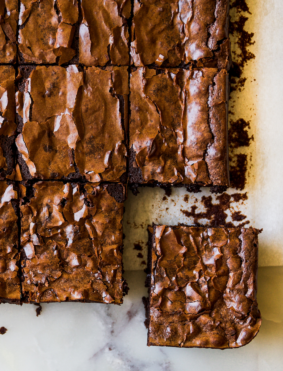 A close up shot of crinkly brownies  