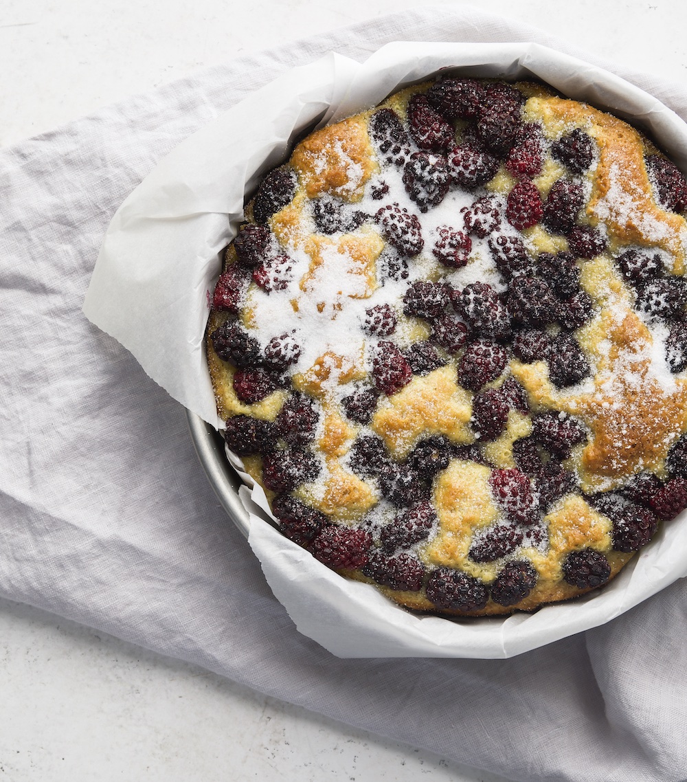 An overhead view of the Blackberry  Lime Breakfast Cake from The Cake Book