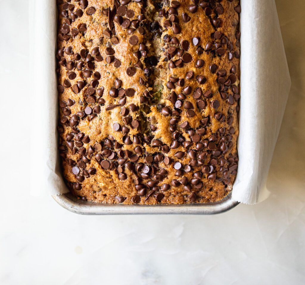 An overhead shot of the zucchini  chocolate chip cake from The Cake Book.
