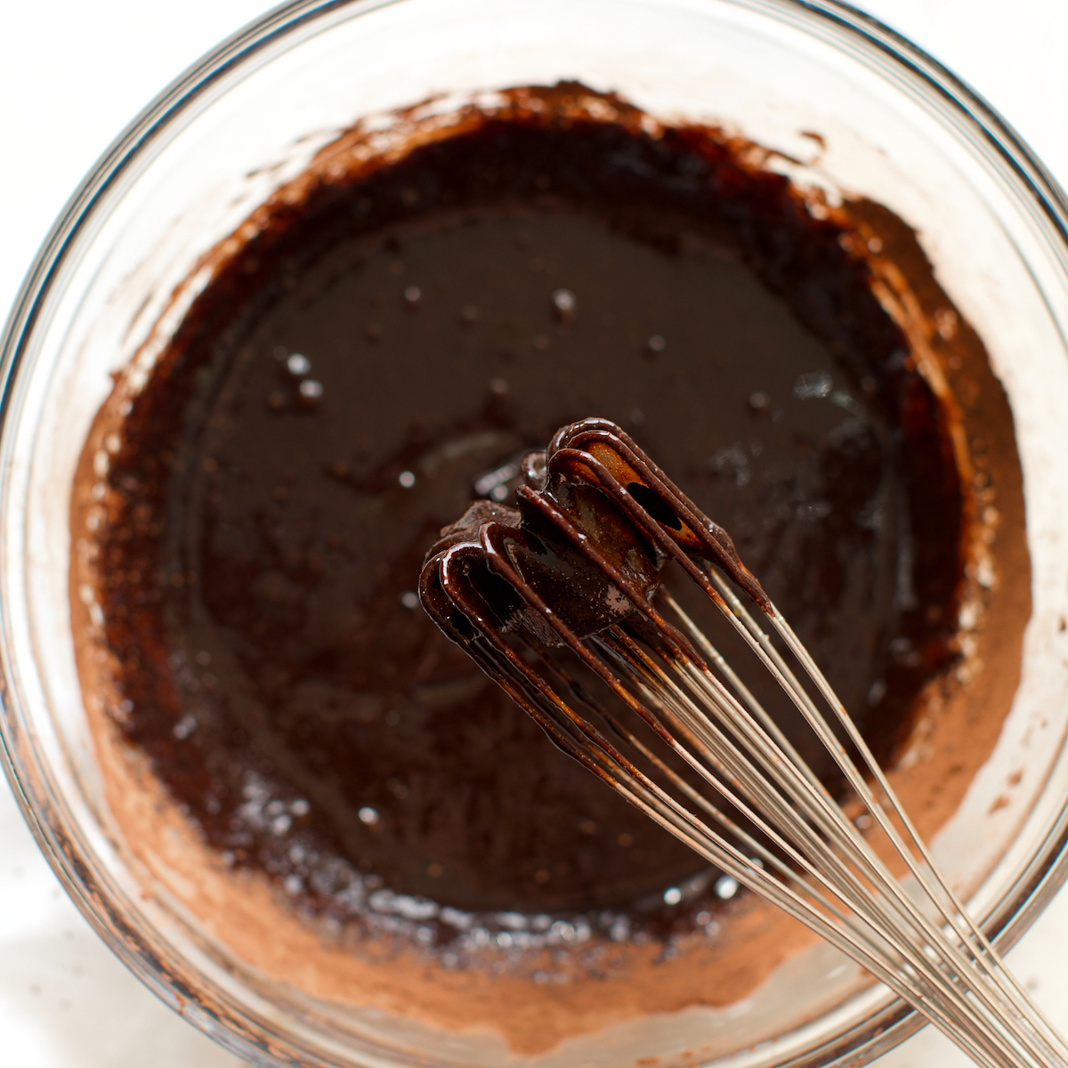 Whisked up chocolate cake batter.