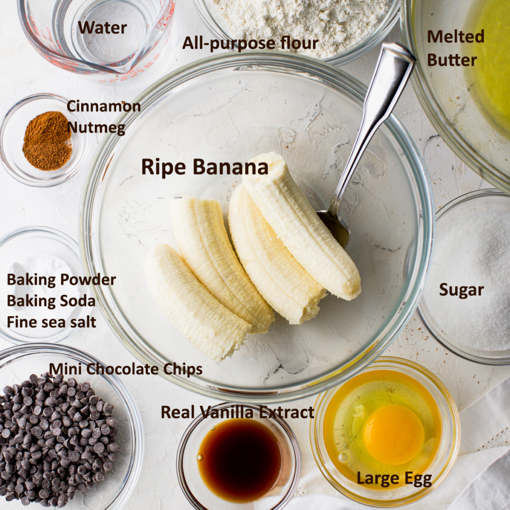 All of the ingredients you need to make banana muffins.