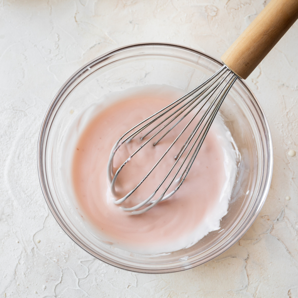 A glass bowl with pink glaze and a whisk on a white background.