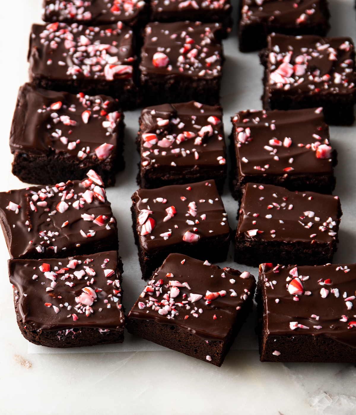 A side profile of peppermint brownies.