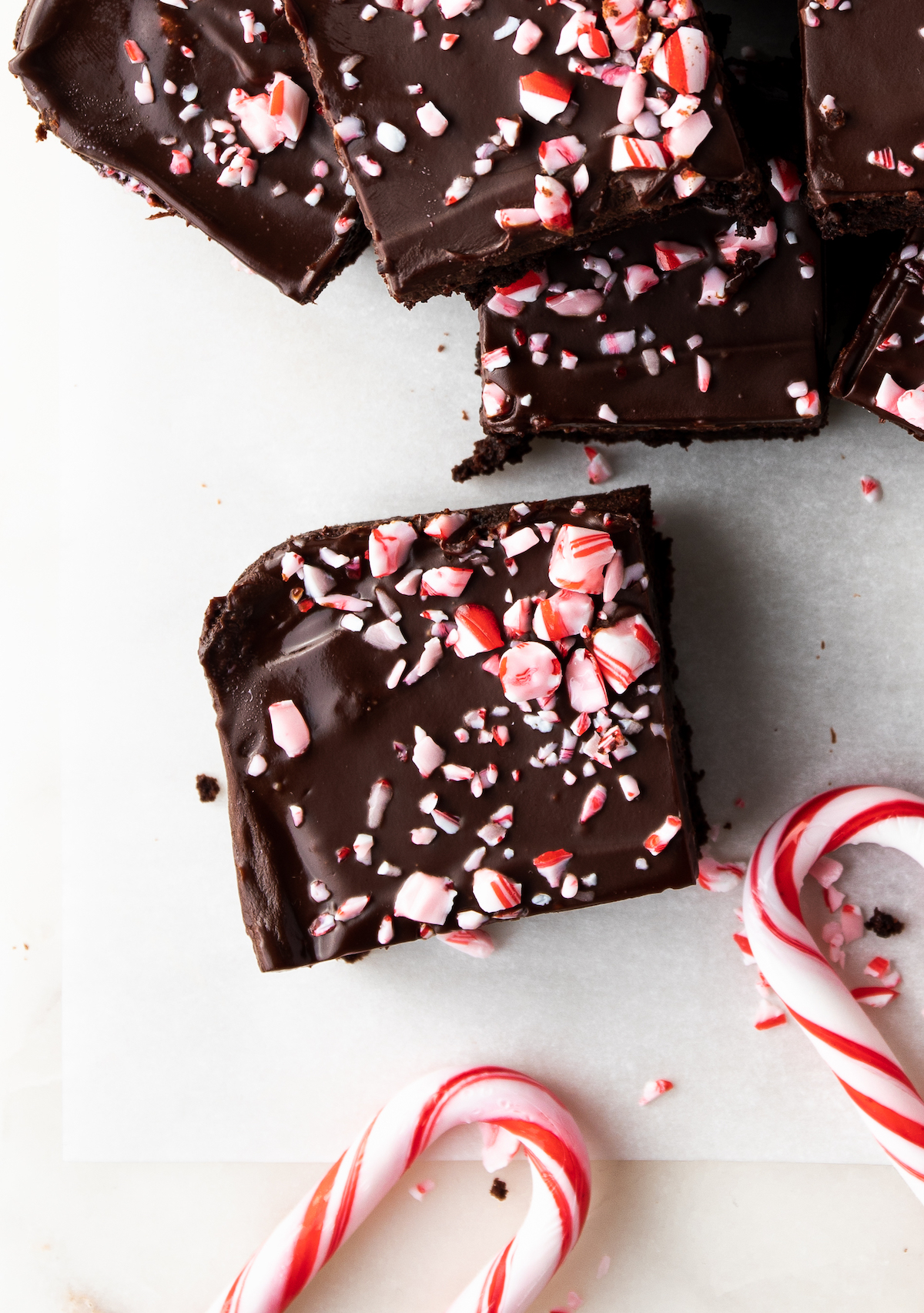 A overhead close up of a peppermint brownie.