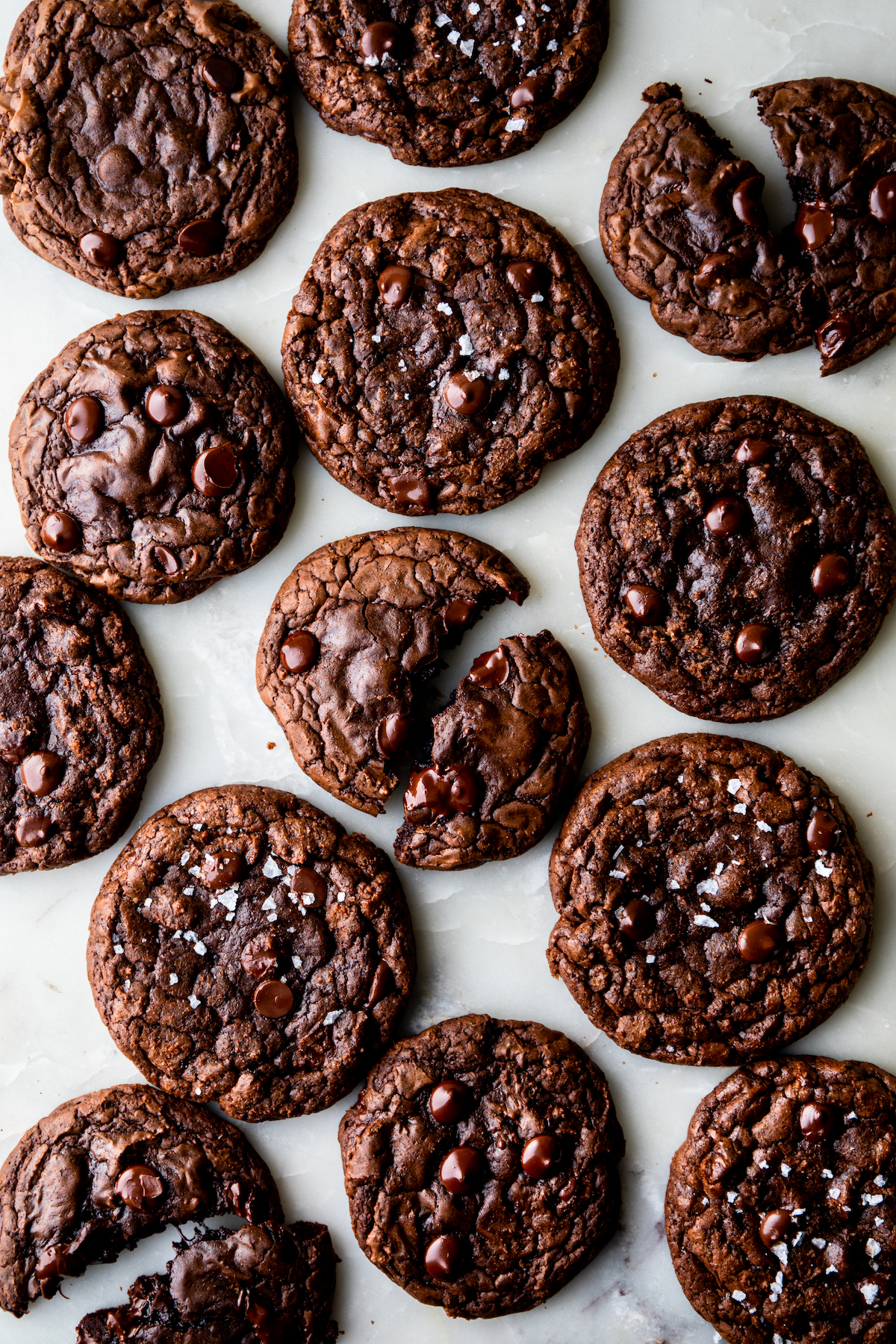 Lots of dark chocolate cookies with glossy chocolate chips.