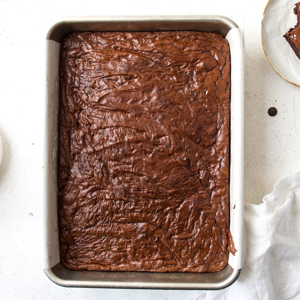 A pan filled with just-baked brownies.