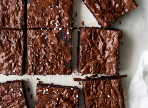 An overhead shop of brownies with sea salt flakes over the tops.