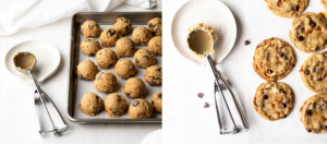 Cookie dough balls on a baking sheet and the finished, fully baked cookies.
