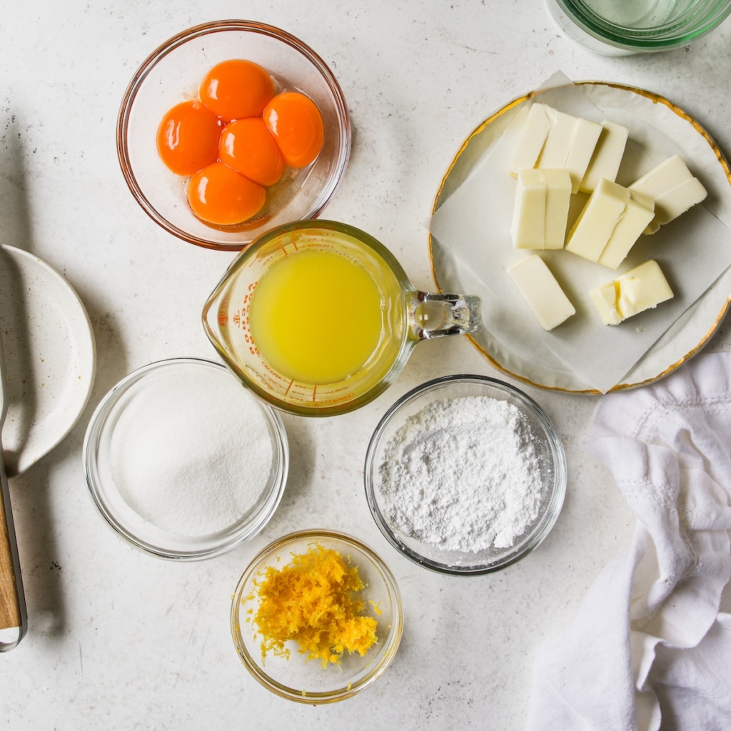 All of the ingredients you need to make lemon curd.