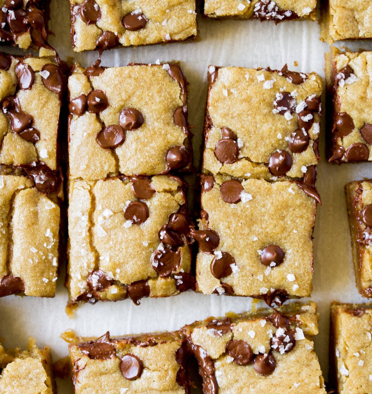 Baked blondies with chocolate chips and sea salt flakes.